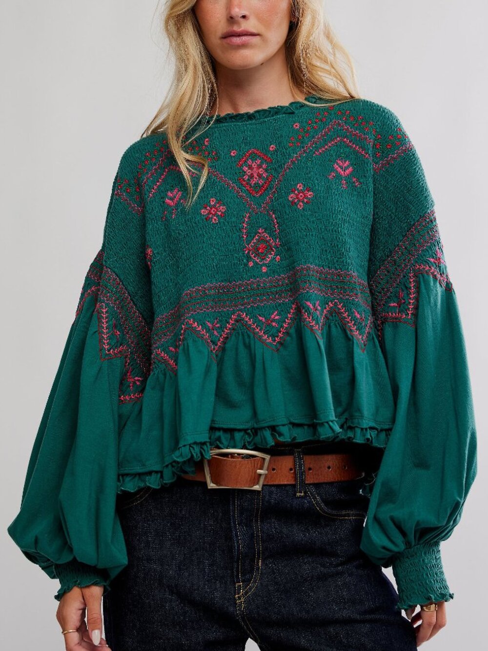 Free People Teal Peasant Blouse with Pink Embroidery